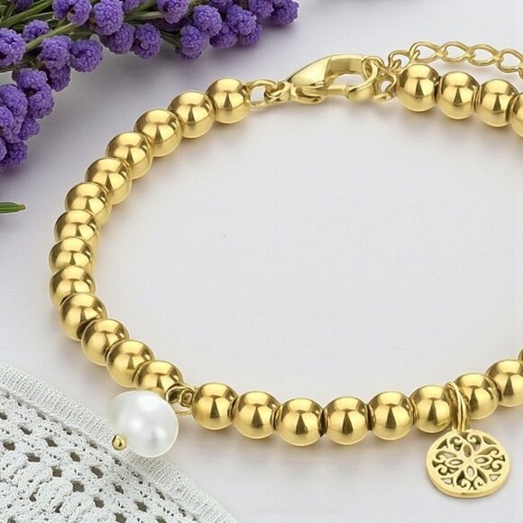 🆕️18K Gold Plated Stainless Steel Beaded Bracelet with Mandala & Pearl Charms ✨ - Picture 6 of 10